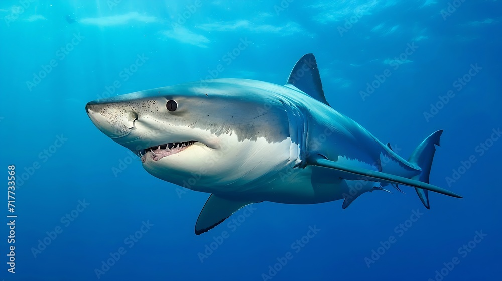 Generative AI : Huge white shark in blue ocean swims under water. Sharks in wild. Marine life underwater in blue ocean. Observation of animal world. Scuba diving adventure in Caribbean, coast of Cuba