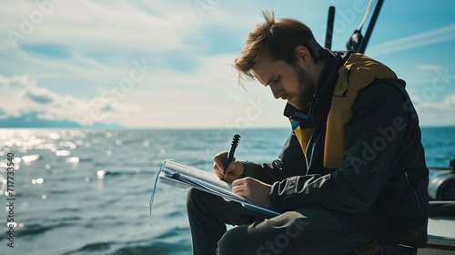 Generative AI : Marine biologist writing down data sitting on top of a boat in the middle of the sea photo