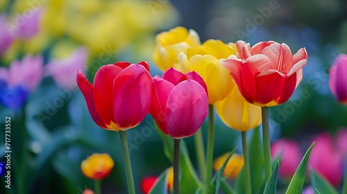 Generative AI   Tulip flowers blooming season garden colorfull. 