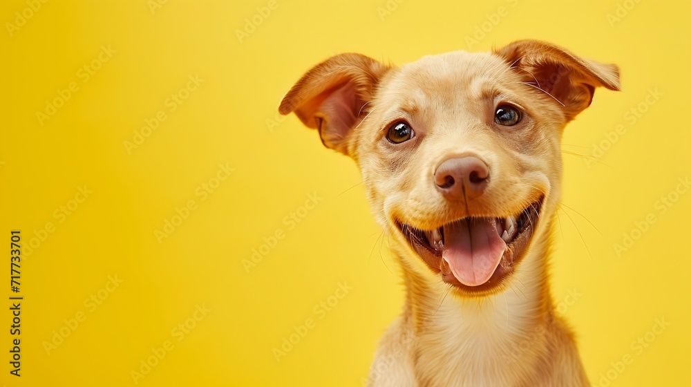 Generative AI : Happy puppy dog smiling on isolated yellow background.