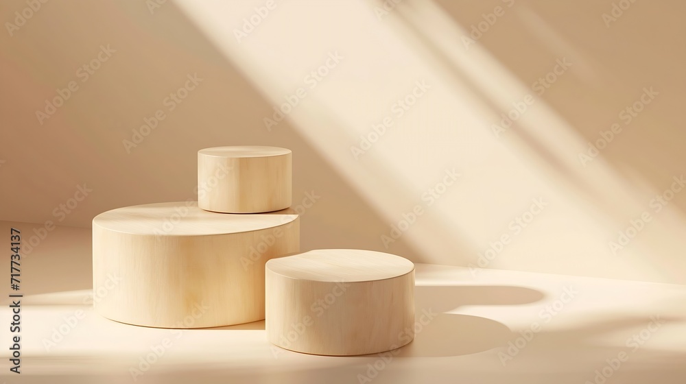 Generative AI : Round wooden saw cut cylinder shape on beige background abstract background. Generative AI : Round wooden saw cut cylinder shape on beige background abstract background.