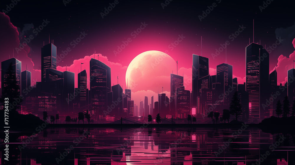 Fototapeta premium Futuristic Cityscape with Crimson Moonrise