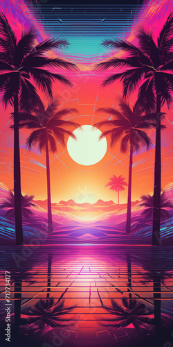Neon Retro Palm Tree Sunset