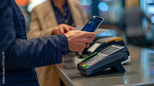 Person is using a smartphone to make a contactless payment at a POS (Point of Sale) terminal.