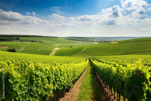 Scenic landscape of grand cru vineyards in Champagne, France. Generative AI photo