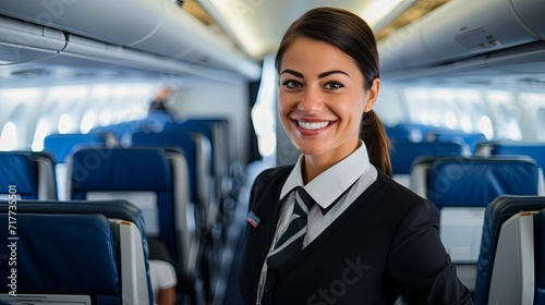 Professional female flight attendant with a welcoming smile in aircraft cabin, providing comfortable travel experience. photo