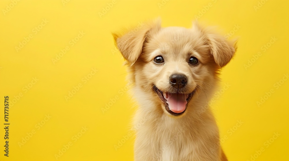 Fototapeta premium Generative AI : Happy puppy dog smiling on isolated yellow background.