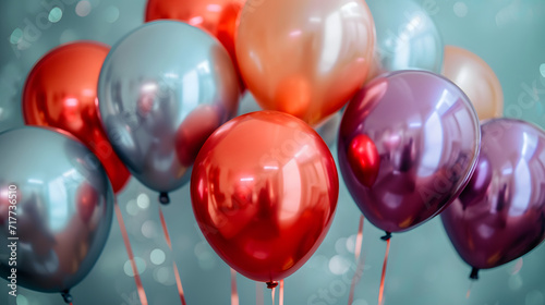 Bunch of red and silver helium balloons against a soft-focus background, festive decoration concept.