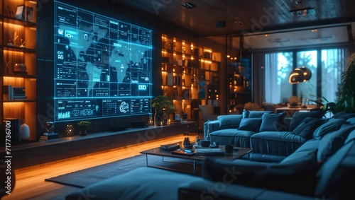 modern living room and smart home interface  blue digital network line and icon hologram  smart home concept