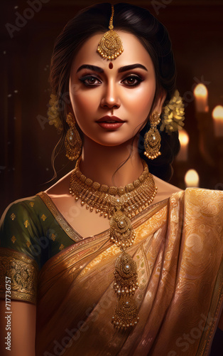 Radiating woman wearing golden saree and jewelry. Generative AI