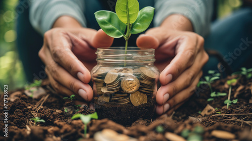hand holding money savings jar filled with coins and growing plant for sustainable financial planning for retirement or eco subsidy investment for environment protection , Generative AI photo