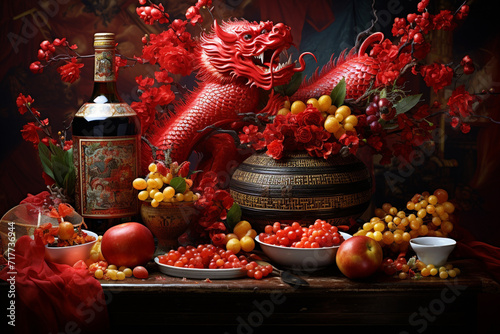 Chinese New Year celebrations symbolize dragons and fruits