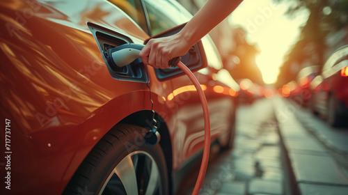 Electric car charging with station, EV fuel advance and modern eco system, Save the earth conception. man connecting a charging cable to a car from an electric car charging station  , Generative AI photo