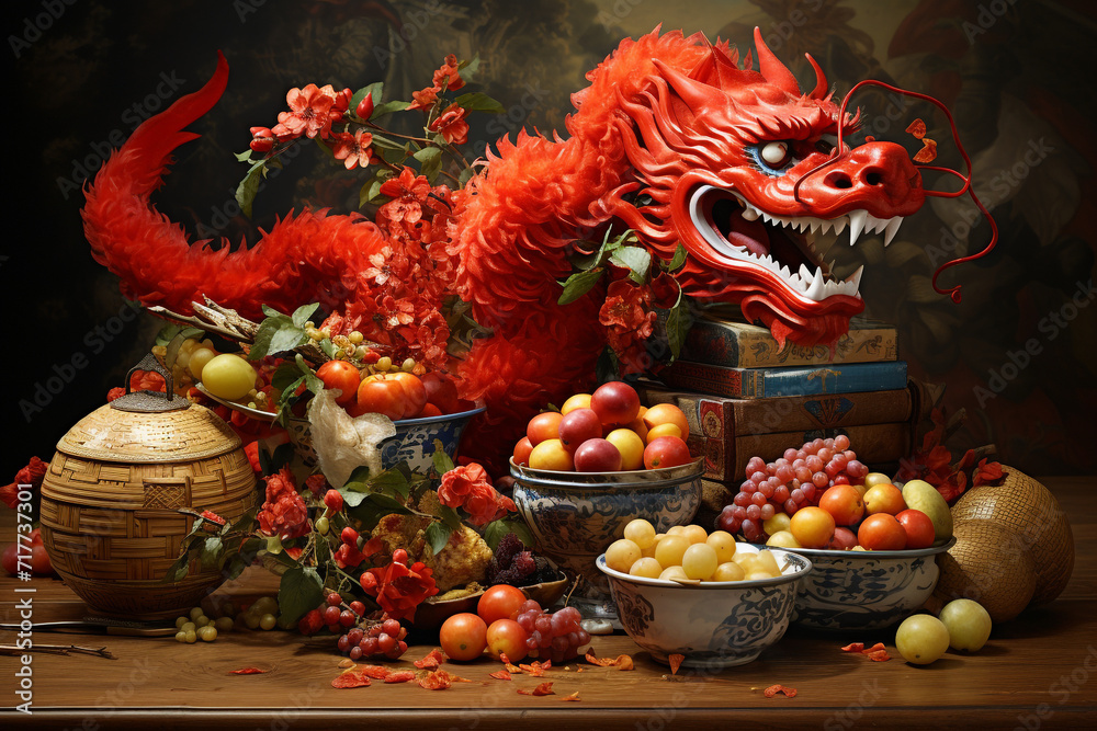 Chinese New Year celebrations symbolize dragons and fruits