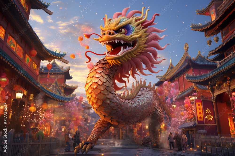 Welcome Chinese New Year with lantern decorations and fierce dragons