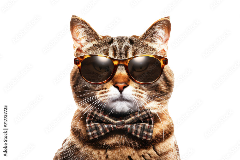stylish cat wearing sunglasses and bow tie exuding confidence and flair on white background.