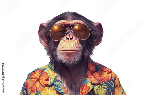 monkey wearing a Hawaiian shirt and sunglasses, conveying a casual and fun aesthetic on a white background photo