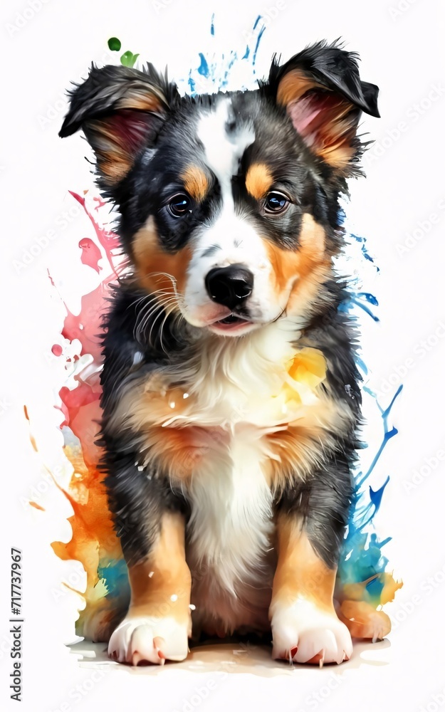 Fototapeta premium Cute border colie puppy watercolor art, water splash in the background in vibrant colors.