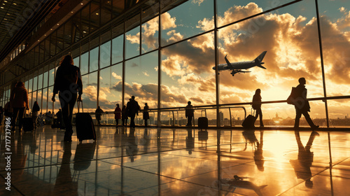 Airport terminal during sunset with passengers silhouetted against the bright windows photo