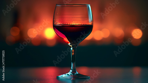 Glass of red wine with vibrant cityscape background.