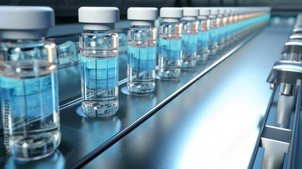 immunizing serumbottles on a conveyor belt. Pharmaceutical laboratory. Factory. Vaccine production. Neural network AI generated art immunizing serumbottles on a conveyor belt. Pharmaceutical laboratory. Factory. Vaccine production. Neural network AI generated art