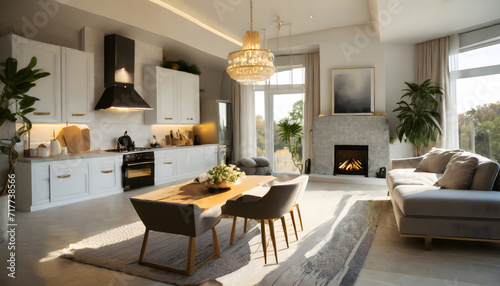 Luxurious interior design living room and white kitchen. Open plan interior. Generative AI. © hanifa