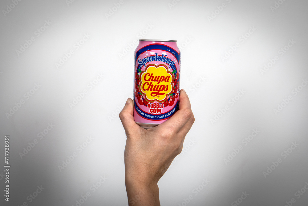 Chupa Chups carbonated soft drink with cherry chewing gum flavor in