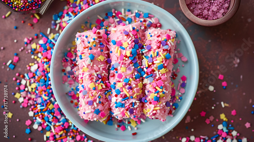 Colorful sprinkles on pink frosted pastries on a blue plate with extra sprinkles scattered on a dark surface.