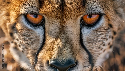 Closeup of a cheetahs mournful expression its eyes reflecting the pain and struggle of a species on the brink of extinction due to the diminishing prey population. photo