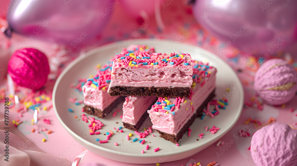 Festive pink frosted cake with sprinkles on a plate, surrounded by balloons, suitable for birthday or party themes.