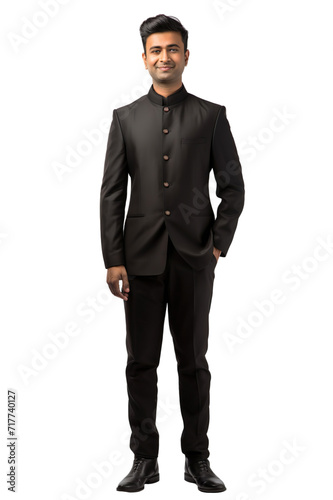 Full length view of Indian Men in Bandhgala Jacket: A high-collared, buttoned-up jacket, often worn with formal attire Isolated on transparent background. photo