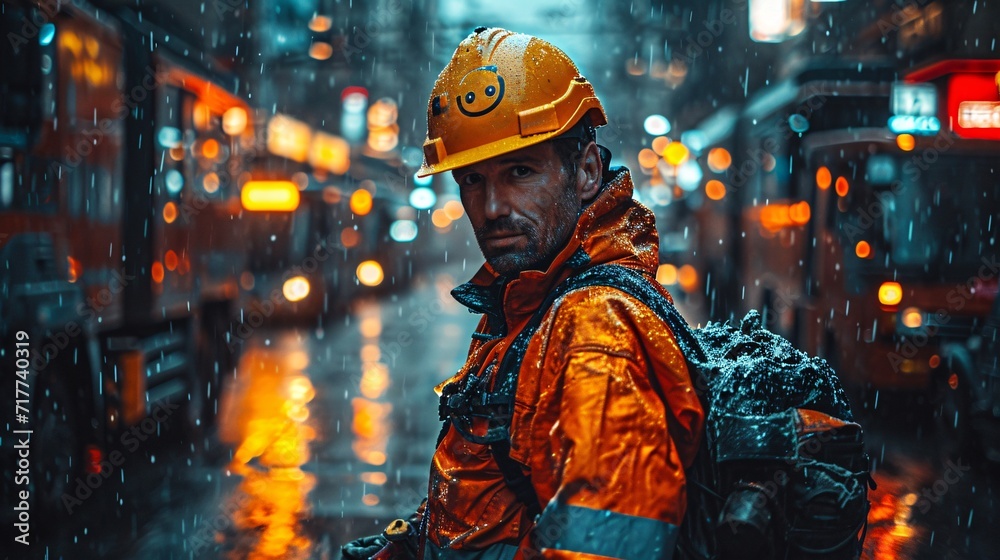 Hard Hat Hero: A Construction Worker's Smile in the Rain Generative AI