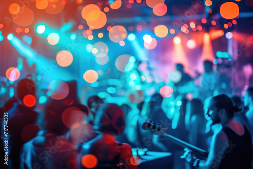 Blurred background of a concert, a guitarist playing a guitar and people having fun. Beautiful background for design.