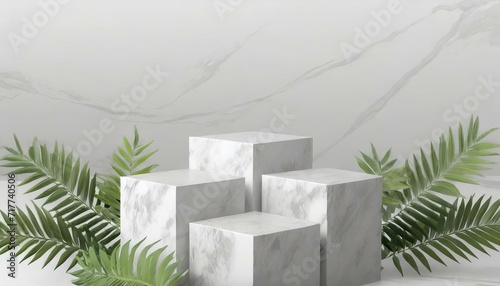 4 luxury white Marble box, block, square podium cube green leaves in white marble background. concept scene stage showcase, product, perfume, promotion sale, banner, presentation, cosmetic. 3D render