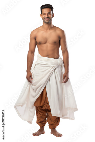 Full length view of Indian Men in Dhoti: A piece of cloth wrapped around the waist and legs, typically worn by men Isolated on transparent background. photo