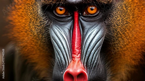Closeup of a female mandrills striking red and orange face her intense gaze directed towards the camera highlighting the beauty of her species unique coloration. photo