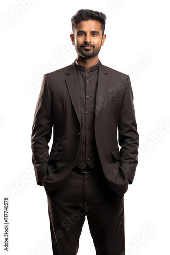Full length view of Indian Men in Bandhgala Jacket: A high-collared, buttoned-up jacket, often worn with formal attire Isolated on transparent background. photo