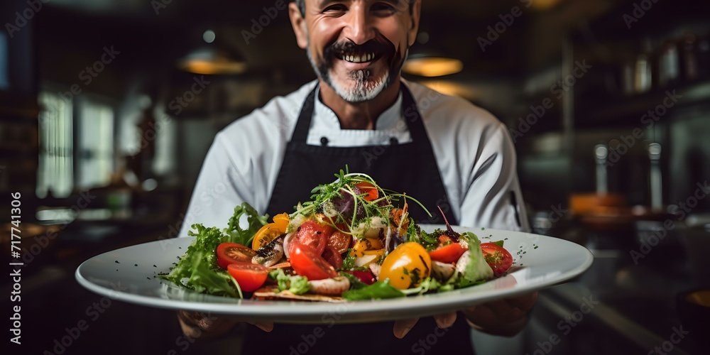 Smiling professional chef presenting a colorful salad dish in a modern restaurant kitchen. culinary art and healthy eating. AI Smiling professional chef presenting a colorful salad dish in a modern restaurant kitchen. culinary art and healthy eating. AI