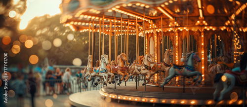 Twilight carousel ride in soft focus  with golden lights creating a magical atmosphere