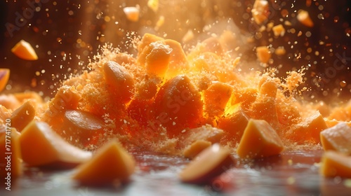 Vibrant explosion of orange fruit pieces in air, fresh citrus burst, dynamic food photography, high-speed shot. AI photo