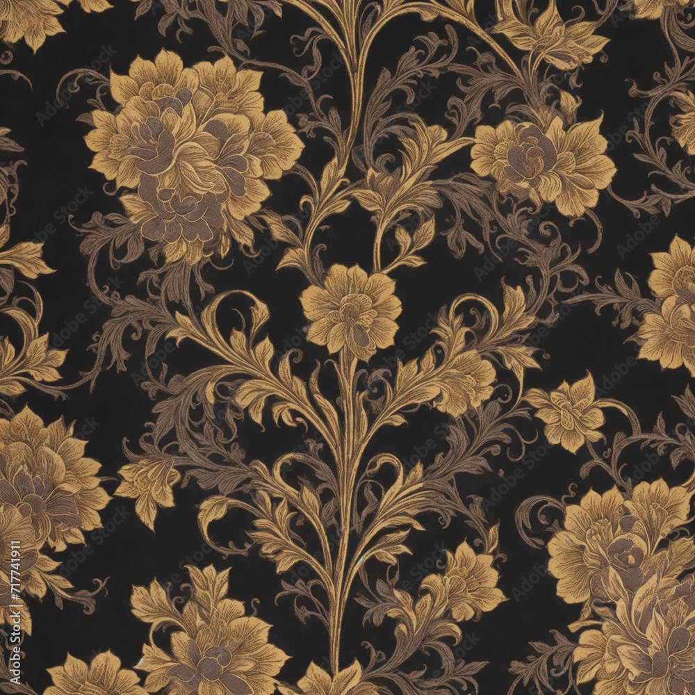 The texture of the wallpaper with an exotic floral pattern. the pattern. Generated AI. Seamless floral pattern with gold flowers on a black background. The texture of the wallpaper with an exotic floral pattern. the pattern. Generated AI. Seamless floral pattern with gold flowers on a black background.