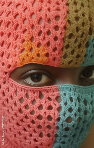 a colored woman hiding behind a colorful, knitted and crocheted scarf