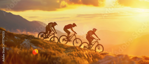 Mountain bikers in a row conquering a trail at golden hour  the essence of outdoor sportsmanship