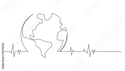 Earth and Heartbeat in Continues Line.Line art Illustration Vector eps 10