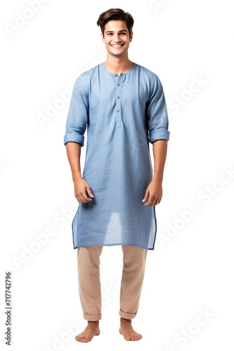 Full length view of Indian Men in Kurta Pajama: A simple and comfortable combination of a tunic-like top and straight-cut pants Isolated on transparent background. photo