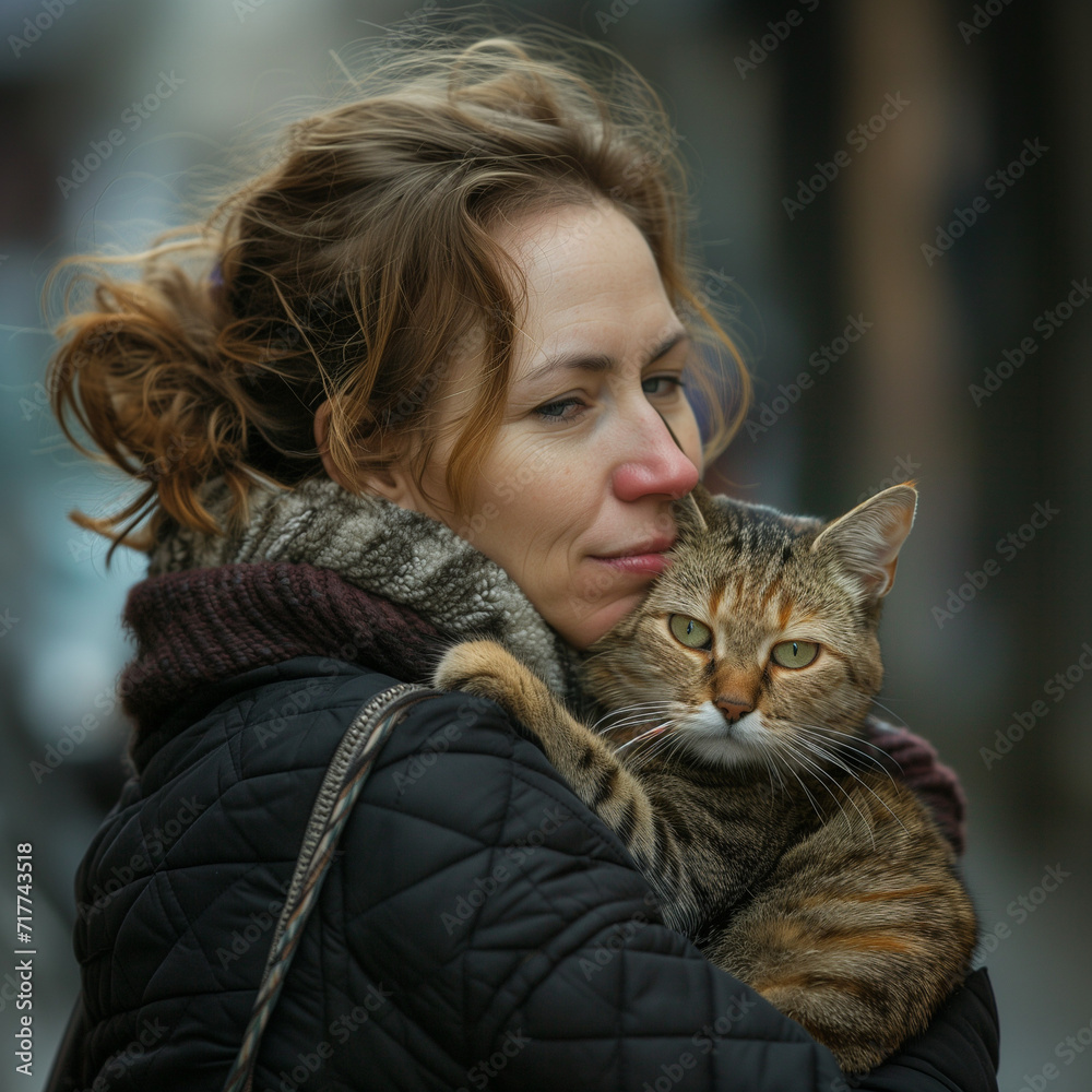 woman kissing cat outside with urban style bright