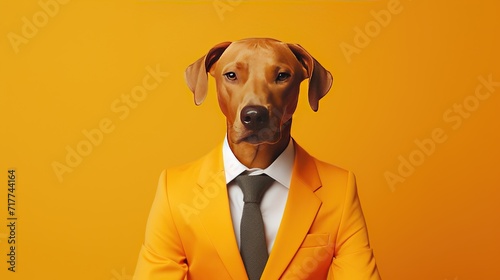 A dog fashionably dressed in an orange suit and tie against a matching yellow background, exuding charm and a sense of fun. © logonv