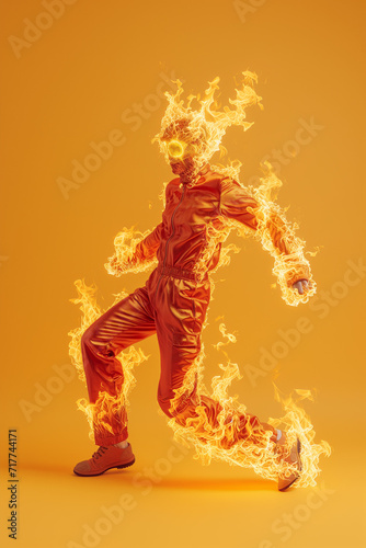 body of person on fire running isolated on plain orange studio background, full body with red and yellow flames