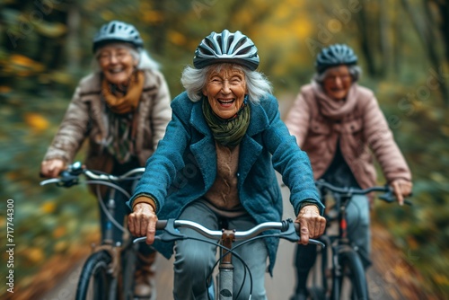 Bicycle Ride with a Smile: Three Women Enjoy a Fall Day Generative AI
