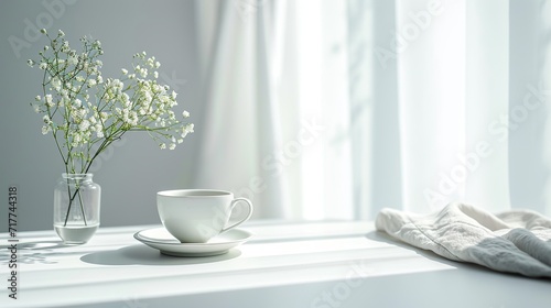 A tranquil scene with a white cup of coffee and a vase of delicate gypsophila flowers on a sunlit windowsill, suggesting a peaceful start to the day.